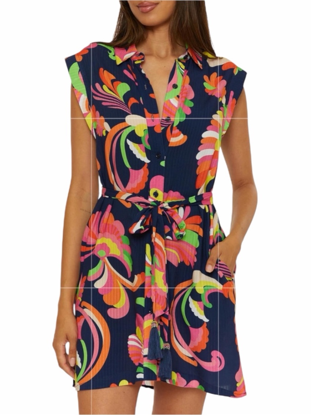 Trina Turk Poolside Swirl Sleeveless Button-Down Plisse Shirt Dress/Swim Cover